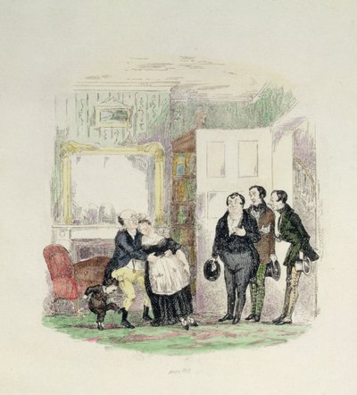 Pana Pickwicka odnajdują jego przyjaciele z panią Bardell w ramionach, ilustracja z „Pickwick Papers” Charlesa Dickensa (1812-70) 1837 (kolorowa grawerunek) autorstwa Hablot Knight Browne