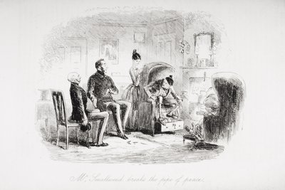 Pan Smallweed łamie fajkę pokoju, ilustracja z „Ponurego domu” Charlesa Dickensa (1812-70) opublikowana w 1853 roku autorstwa Hablot Knight Browne