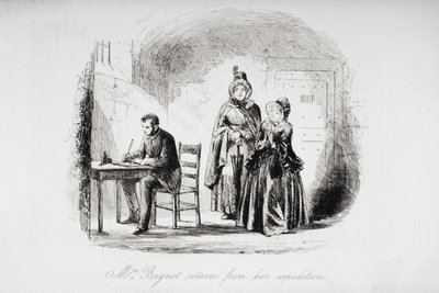 Pani Bagnet wraca z wyprawy, ilustracja z „Ponurego domu” Charlesa Dickensa (1812-70) opublikowana w 1853 roku autorstwa Hablot Knight Browne