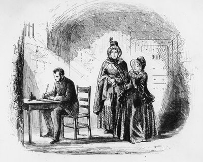 Pani Bagnet wraca z wyprawy, ilustracja z „Ponurego domu” Charlesa Dickensa (1812-70) opublikowana w 1853 roku autorstwa Hablot Knight Browne