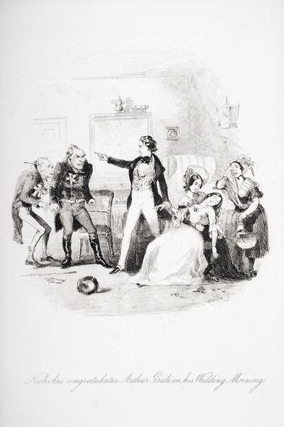 Nicholas gratuluje Arthurowi Gride w poranek poślubny, ilustracja z „Nicholas Nickleby” autorstwa Charlesa Dickensa (1812-70) opublikowana w 1839 r. (patrz także 259152) autorstwa Hablot Knight Browne