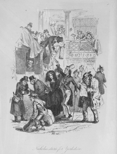 Nicholas wyrusza do Yorkshire, ilustracja z „Nicholas Nickleby” Charlesa Dickensa (1812-70) opublikowana w 1839 r. (lito) autorstwa Hablot Knight Browne