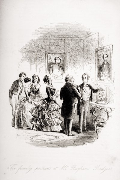 Portrety rodzinne u pana Bayhama Badgera, ilustracja z „Ponurego domu” Charlesa Dickensa (1812-70) wydana w 1853 r. (lito) autorstwa Hablot Knight Browne