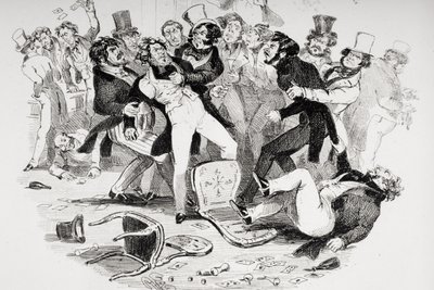 Ostatnia bójka między Sir Mulberry a jego uczniem, ilustracja z „Nicholas Nickleby” Charlesa Dickensa (1812-70) opublikowana w 1839 r. (litografia) (patrz także 249150) autorstwa Hablot Knight Browne
