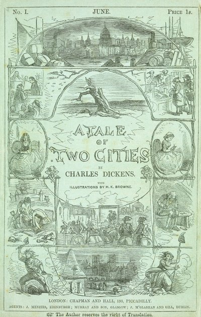 Strona tytułowa z pierwszej części pierwszego wydania w odcinkach książki "Opowieść o dwóch miastach" Charlesa Dickensa, 1859 autorstwa Hablot Knight Browne