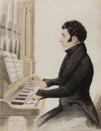Tom Pinch grający na organach Salisbury (wc na papierze) autorstwa Hablot Knight Browne