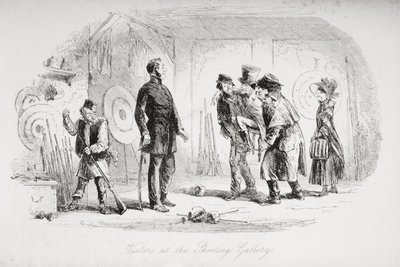 Odwiedzający strzelnicę, ilustracja z „Ponurego domu” Charlesa Dickensa (1812-70) opublikowana w 1853 r. autorstwa Hablot Knight Browne