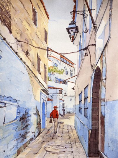 Gość, Chefchaouen, Maroko, ok. 2024 r. (akwarela i tusz) autorstwa Hadley Rampton