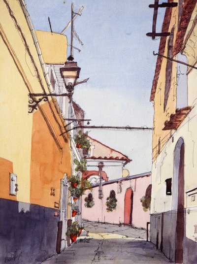 Boczna uliczka, Positano, Włochy, ok. 2024 (akwarela i tusz) autorstwa Hadley Rampton