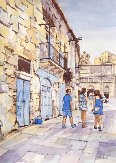 Trójka w błękicie, Valletta, Malta, ok. 2024 r. (akwarela i tusz) autorstwa Hadley Rampton