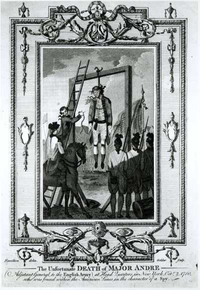Niefortunna śmierć majora Andre, adiutanta generalnego armii angielskiej, w kwaterze głównej w Nowym Jorku, 2 października 1780, grawerowana przez Johna Goldara (1729-1795) autorstwa Hamilton