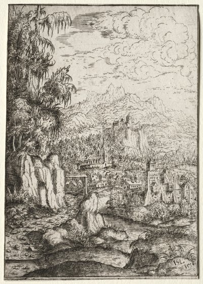 Krajobraz z drogą do zamku na wyspie na rzece, 1554. autorstwa Hanns Sebald Lautensack