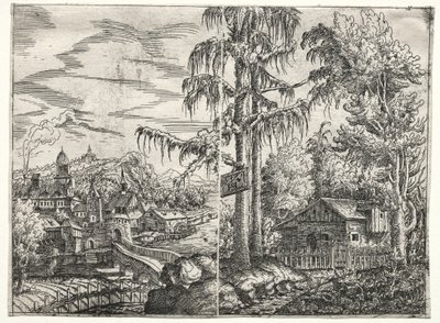 Krajobraz z miastem nad rzeką i chatą między drzewami, 1551. autorstwa Hanns Sebald Lautensack