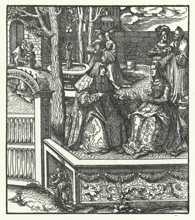 Arcyksiążę Maksymilian Austrii i jego żona Maria Burgundzka uczą się nawzajem swoich języków (rytowanie) autorstwa Hans (after) Burgkmair