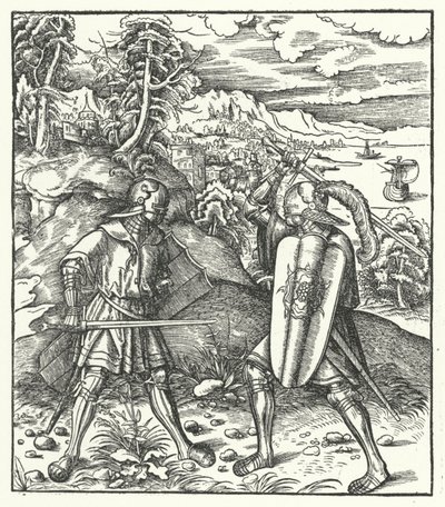 Arcyksiążę Maksymilian Austrii w zbroi walczącej mieczem (rycina) autorstwa Hans (after) Burgkmair