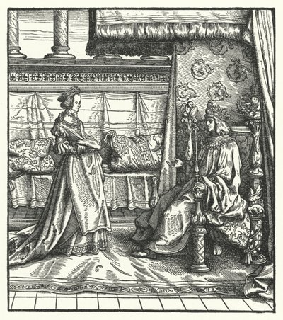 Karol Śmiały, książę Burgundii, z córką Marią, która później poślubiła przyszłego cesarza rzymskiego Maksymiliana I w 1477 (rycina) autorstwa Hans (after) Burgkmair