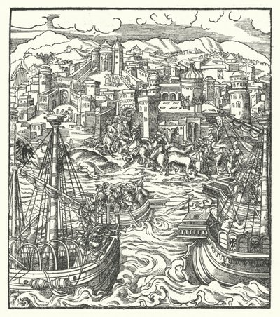 Fryderyk III, cesarz rzymski, przybywający do Rzymu ze swoją narzeczoną, Eleonorą Portugalską autorstwa Hans (after) Burgkmair
