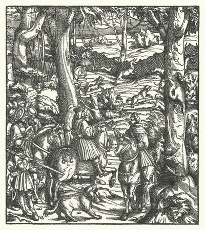 Maksymilian I, król Rzymian, odbierający wiadomość podczas polowania (grawerowanie) autorstwa Hans (after) Burgkmair