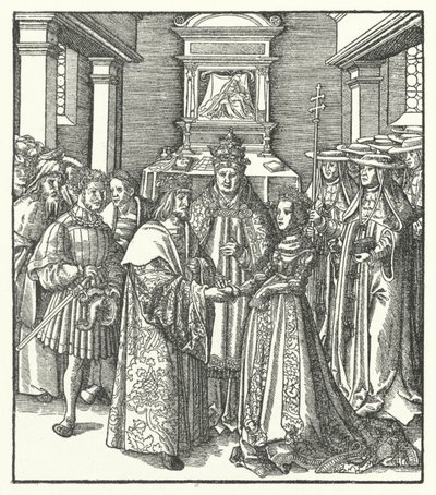 Papież Mikołaj V przewodniczy małżeństwu cesarza Fryderyka III i Eleonory Portugalskiej w Rzymie autorstwa Hans (after) Burgkmair