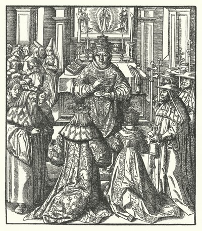 Cesarz Rzymski Fryderyk III i Cesarzowa Eleonora przyjęli Komunię Świętą od Papieża (rycina) autorstwa Hans (after) Burgkmair
