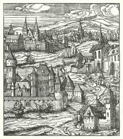Wiener Neustadt , Austria , miejsce urodzenia Maksymiliana I , cesarza rzymskiego ( grawerowanie ) autorstwa Hans (after) Burgkmair