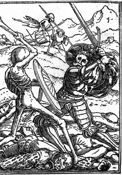 Udawana śmierć Hansa Holbeina Młodego (1497-1543): żołnierza. Żołnierz walczy ze Śmiercią; u ich stóp leżą ciała innych wojowników. Rytownictwo. autorstwa Hans (after) Holbein the Younger
