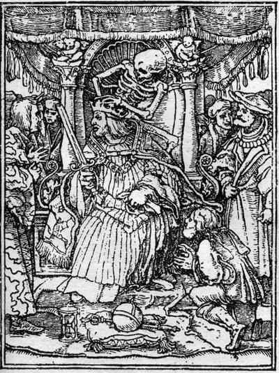 Symulakony śmierci Hansa Holbeina Młodego (1497-1543): cesarza. Śmierć odbiera cesarzowi koronę, a chłop błaga go o sprawiedliwość. Rytownictwo. autorstwa Hans (after) Holbein the Younger