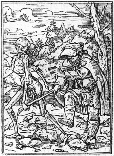 Symulakony śmierci Hansa Holbeina Młodszego (1497-1543): niewidomy. Śmierć chwyta za kij niewidomych i działa jak przewodnik. Rytownictwo. autorstwa Hans (after) Holbein the Younger