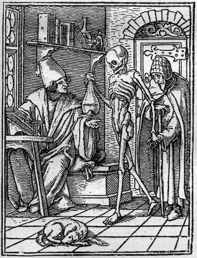 Symulakony śmierci Hansa Holbeina Młodszego (1497-1543): lekarz. Śmierć pojawia się między lekarzem a jego pacjentem. Rytownictwo. autorstwa Hans (after) Holbein the Younger