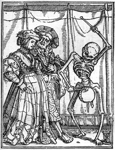 Symulakony śmierci Hansa Holbeina Młodszego (1497-1543): mężowie. Śmierć gra na bębnie przed parą. Rytownictwo. autorstwa Hans (after) Holbein the Younger