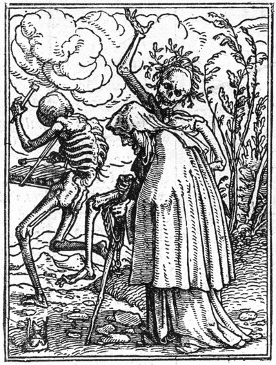 Symulakony śmierci Hansa Holbeina Młodszego (1497-1543): stary. Śmierć towarzyszy staruszce w jej przeznaczeniu. Rytownictwo. autorstwa Hans (after) Holbein the Younger