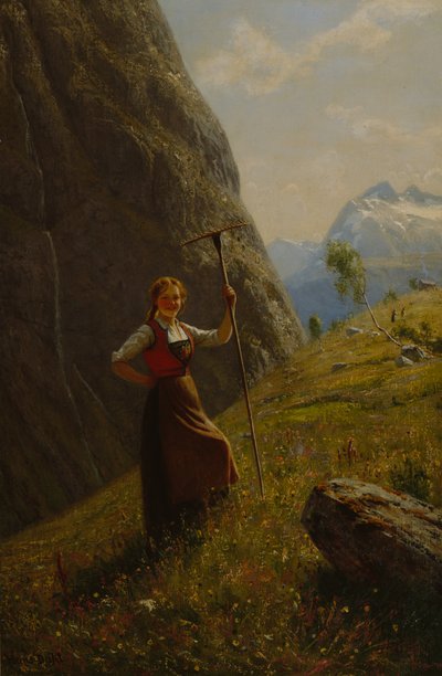 Mleczarka z grabiami (olej na płótnie) autorstwa Hans Andreas Dahl