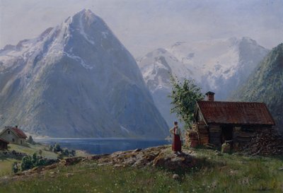 Dziewczyna w krajobrazie fiordu (olej na płótnie) autorstwa Hans Andreas Dahl