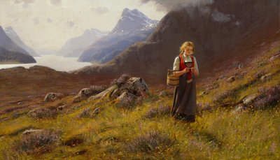 Knitting Dairymaid (olej na płótnie) autorstwa Hans Andreas Dahl