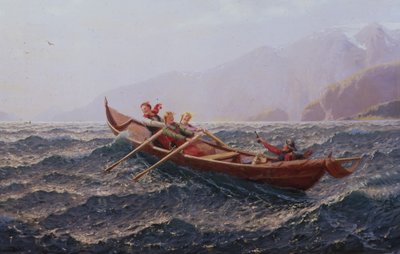 Ludzie w łodzi wiosłowej (olej na płótnie) autorstwa Hans Andreas Dahl