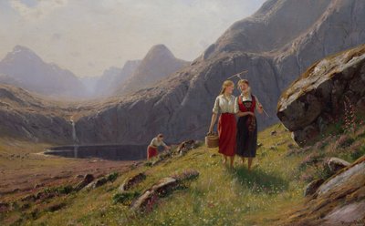Trzy dziewczyny nad górskim jeziorem w zachodniej Norwegii (olej na płótnie) autorstwa Hans Andreas Dahl