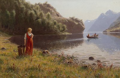 Kobieta w krajobrazie fiordu (olej na płótnie) autorstwa Hans Andreas Dahl