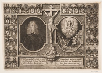 Gregers Friis do Ålstrup oraz Chrystus na krzyżu i zmartwychwstanie Chrystusa. Otoczony tarczami autorstwa Hans Andreas Greys