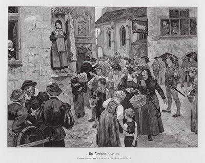 Kobieta pod pręgierzem (rycina) autorstwa Hans Bachmann