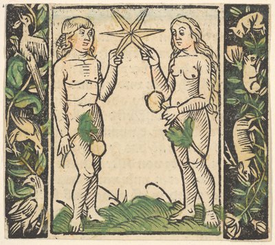 Adam i Ewa trzymający gwiazdę, ilustracja z Decided Gart des Rosary Mariae. autorstwa Hans Baldung