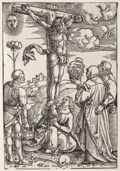 Chrystus na krzyżu z Maryją, św. Janem, Marią Magdaleną i św. Szczepanem, 1505 r. autorstwa Hans Baldung