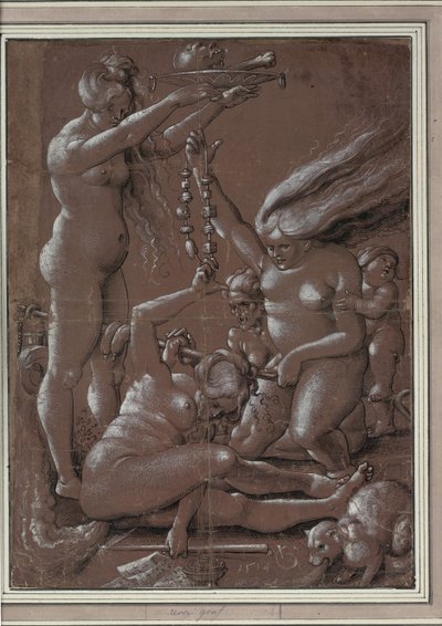 Sabat Czarownic (wg Hansa Baldunga) par Graf, Urs (ok. 1485-1527/28). Długopis, pędzel, tusz, kolor biały na papierze, wymiary: 29,5x21,7 autorstwa Hans Baldung Grien