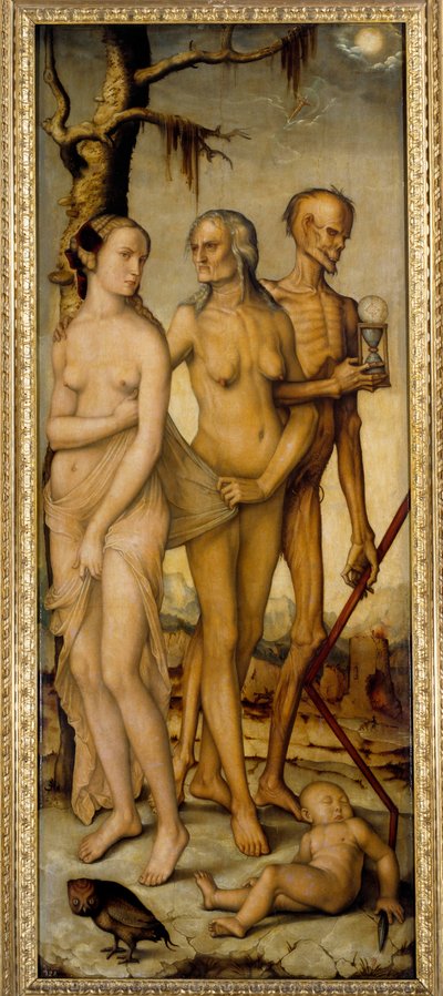 Epoki życia Młoda kobieta, starzec i szkielet trzymający klepsydrę. Obraz Hansa Baldunga dit Grien (1484-1545) 1540 wym. 1,51 x 0,61 m Madryt, Muzeum Prado autorstwa Hans Baldung Grien