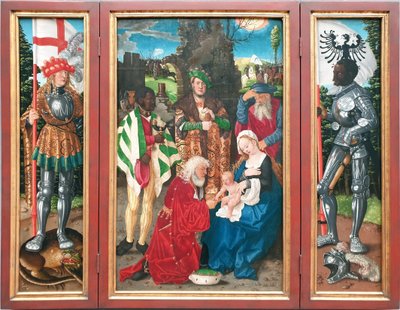 Ołtarz Trzech Króli
Po lewej: Święty Jerzy
Środek: Adoracja Królów

Po prawej: Święty Maurycy autorstwa Hans Baldung Grien