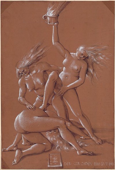 Noworoczne powitanie z trzema wiedźmami - grafika Hansa Baldunga (1484-1545) tuszem i białą kredą na papierze autorstwa Hans Baldung Grien
