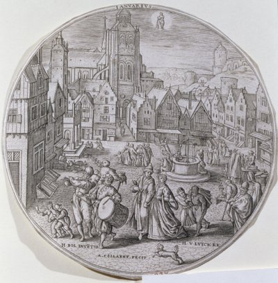 styczeń, ukazujący mieszczan obchodzących Dwunastą Noc na rynku w Bergen, z zestawu dwunastu „Miesiąców roku”, rytowanych przez Adriaena Collaerta (1560-1618) autorstwa Hans Bol