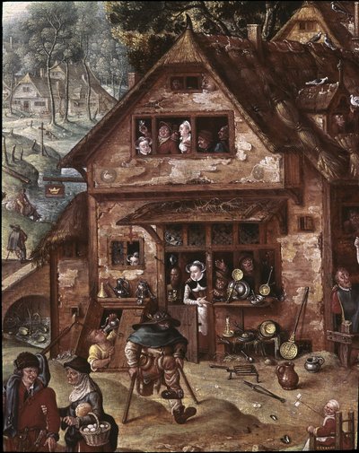 Widok na wieś ze scenami burleski. Szczegóły tawerny autorstwa Hans Bol