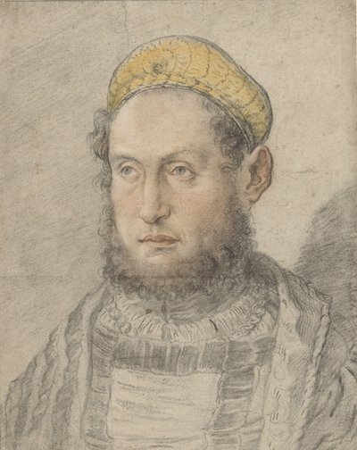 Portret dystyngowanego mężczyzny z brodą i złotym kapeluszem autorstwa Hans Burgkmair (I)
