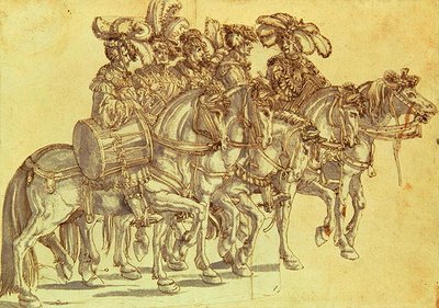 Pięciu perkusistów na koniu, ok. 1500 (pióro i atrament oraz pranie na papierze) autorstwa Hans Burgkmair