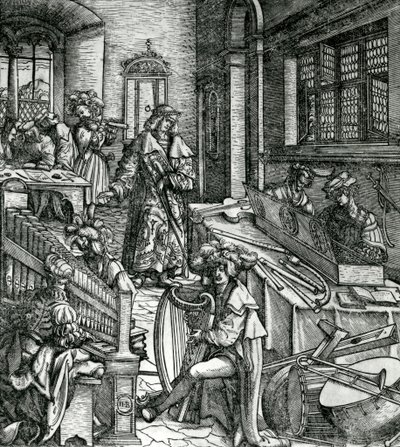 Historia muzyki, z powieści „Der Weisskunig” na cześć cesarza Maksymiliana I autorstwa Hans Burgkmair